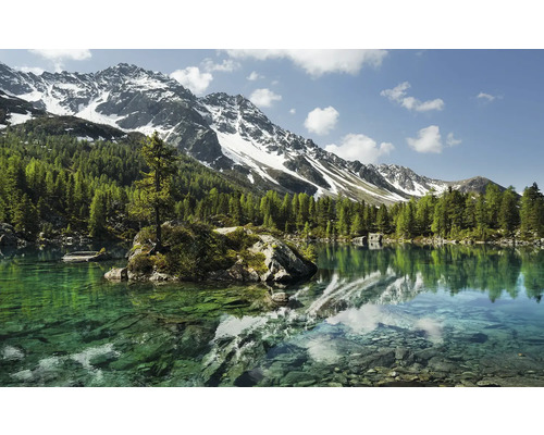 Papier peint panoramique intissé SHX9-008 Magie des montagnes 9 pces 450 x 280 cm Lac de montagne avec arbres et montagnes enneigées en arrière-plan