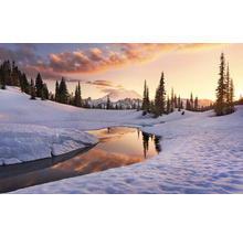 Paysage hivernal avec lac, neige et conifères dans les montagnes au coucher du soleil.