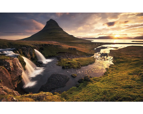 Papier peint panoramique intissé SHX8-042 Wanderlust Bonjour Islande 8 pces 400 x 250 cm Paysage avec montagne, cascades et lever de soleil