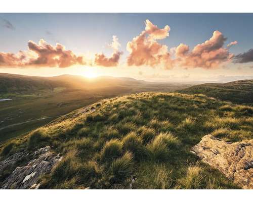 Papier peint panoramique intissé SHX8-001 Terre d'aventure 8 pces 400 x 280 cm Paysage avec collines, herbe et lever de soleil