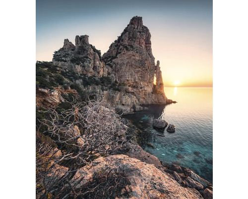 Papier peint panoramique intissé SHX5-016 Couleurs de Sardaigne 5 pces 250 x 280 cm Paysage avec côte rocheuse et lever de soleil sur la mer