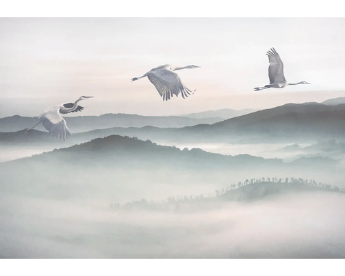 Papier peint panoramique intissé INX8-083 Ink Mystic Cranes 8 pcs. 400 x 280 cm Scène avec des grues en vol au-dessus d'un paysage de montagne brumeux