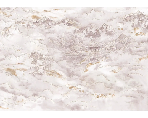 Papier peint avec paysage de montagne et motif de nuages