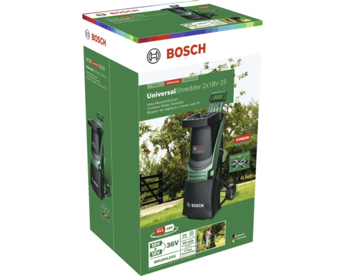 Emballage du broyeur de végétaux sans fil Bosch Universal Shredder 2x18V-25