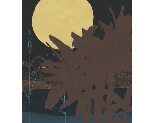 Papier peint panoramique intissé INX5-016 Ink Supermoon 5 pcs. 250 x 280 cm Peinture avec feuilles de bananier et cercle jaune