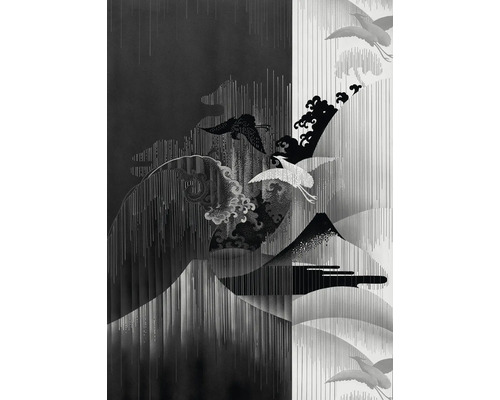 Graphique avec montagnes, grues et éléments stylisés