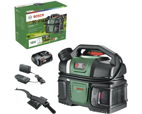 Nettoyeur haute pression sans fil BOSCH 18V-6 20 bar, y compris 2 batteries Ah (1 x 18V) et chargeur Nettoyeur sans fil Bosch Fontus 18V-6 avec accessoires et emballage du produit