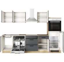 Küchenzeile mit Spüle, Geschirrspüler, Schubladen, Backofen, Kühlschrank und Dunstabzugshaube