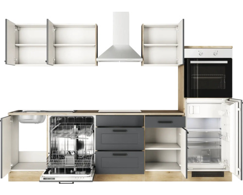 Küchenzeile mit Spüle, Geschirrspüler, Schubladen, Backofen, Kühlschrank und Dunstabzugshaube