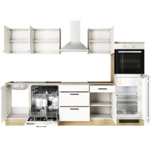 Cuisine équipée avec évier, lave-vaisselle, plaque de cuisson, hotte, four et réfrigérateur