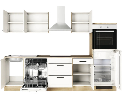 Cuisine équipée avec évier, lave-vaisselle, plaque de cuisson, hotte, four et réfrigérateur