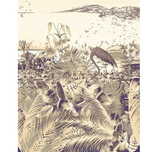 Illustration avec un flamant rose dans une scène tropicale avec des fleurs et des feuilles