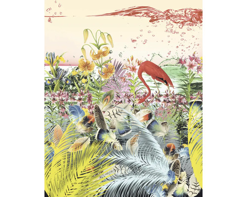 Dekoratives Wandbild mit Blumen, Federn und Flamingo-Motiven
