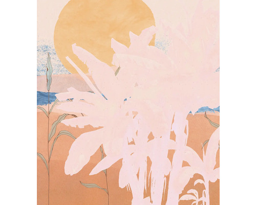 Papier peint panoramique intissé INX5-091 Ink Platanos Pink 5 pcs. 250 x 280 cm Illustration d'un paysage côtier avec soleil et végétation