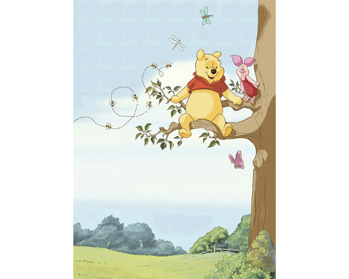 Papier peint panoramique SD4116 Disney Edition 4 Disney Winnie Pooh Tree 4 pces 184 x 254 cm Illustration de Winnie l'ourson et Porcinet sur une branche d'arbre avec des abeilles et des papillons.