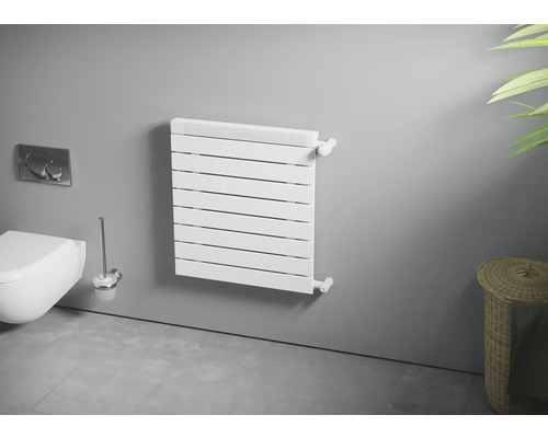 Salle de bain moderne avec radiateur blanc et toilettes