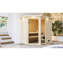 Sauna d'angle en bois avec porte en verre dans une salle de bains.
