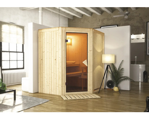 Sauna d'angle en bois avec porte en verre dans une salle de bain