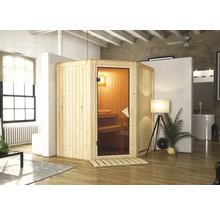Sauna en bois avec porte en verre dans une salle de bains