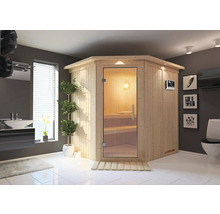 Sauna d'angle en bois avec porte en verre dans une salle de bain