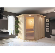 Salle de bains avec sauna d'angle en bois et porte en verre
