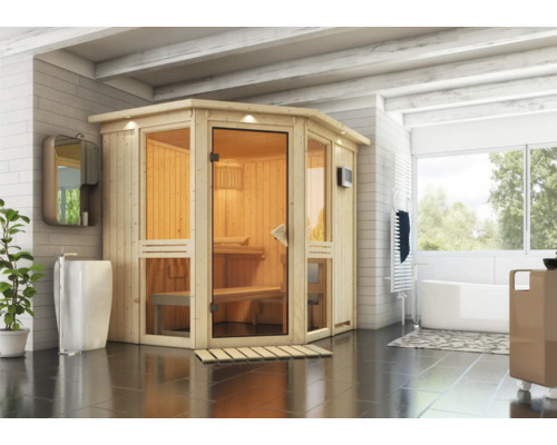 Sauna en bois avec porte en verre dans une salle de bain