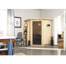 Sauna en bois avec porte en verre et panneau de commande dans une salle de bains lumineuse