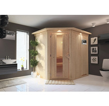 Sauna claire en bois avec porte en verre dans une salle de bains