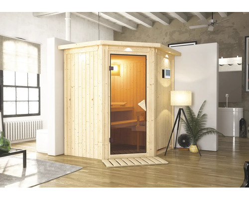 Sauna en bois avec porte en verre dans un espace de vie lumineux.