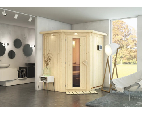Sauna aus Holz im Badezimmer mit Glastür und digitalem Bedienfeld