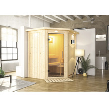 Holzsauna mit Glastür in einem hellen Raum