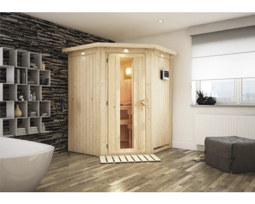 Intérieur avec un sauna en bois avec porte en verre