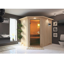 Sauna d'angle dans salle de bains avec lavabo, toilettes et décoration