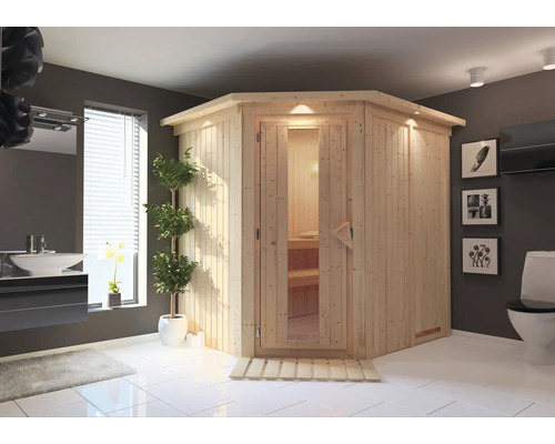 Sauna d'angle en bois avec porte vitrée dans un environnement de salle de bains