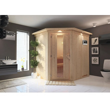 Helle Sauna mit Glastür in einem Badezimmer mit Waschbecken und Toilette