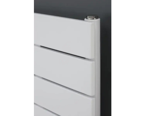 Detailaufnahme eines weißen Heizkörpers mit horizontalen Lamellen und einem silberfarbenen Verschlussstopfen.