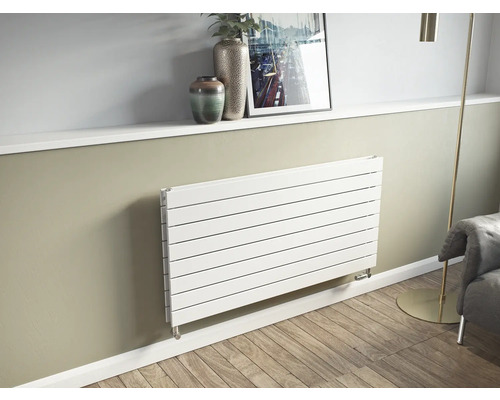 Wohnraum mit horizontalem Plattenheizkörper an der Wand montiert