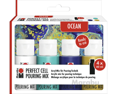 Marabu Perfect Cell Pouring Mix Océan, set de peintures acryliques avec quatre couleurs de 60 millilitres