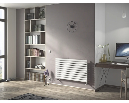 Wohnzimmer mit Bücherregal, Heizkörper und Schreibtisch