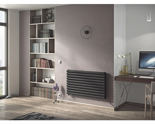 Wohnraum mit Heizkörper, Bücherregal, Schreibtisch und Dekoration