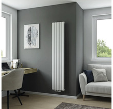 Modernes Wohnzimmer mit flachem Heizkörper, Schreibtisch und Sofa