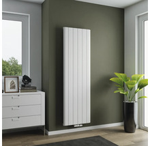 Radiateur vertical dans un salon avec commode et plante d'intérieur.