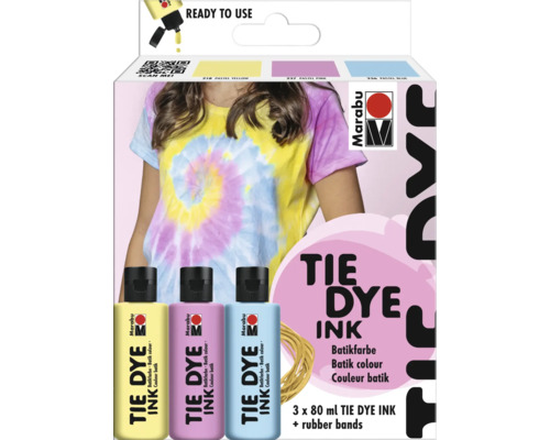 Marabu Tie Dye Ink Kit Pastel 3x 80 ml Marabu Tie Dye Ink Set avec trois couleurs et élastiques pour le batik