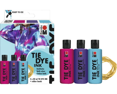 Marabu Tie Dye Ink Set Trend 3x 80 ml Marabu Tie Dye Ink Set de couleurs batik avec élastiques