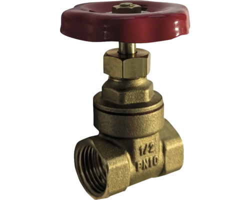 Absperrventil aus Messing mit rotem Drehgriff
