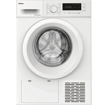 Sèche-linge à pompe à chaleur Amica avec panneau de commande, tambour et bac de récupération du condensat.