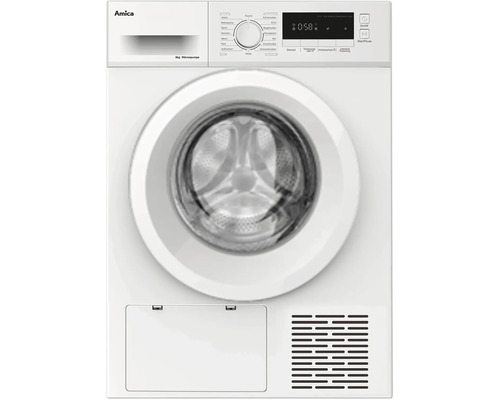 Sèche-linge à pompe à chaleur Amica avec panneau de commande, tambour et bac de récupération du condensat.