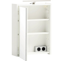 Offener weisser Spiegelschrank mit Regalböden und Steckdosenelement