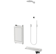 Système de douche avec pomme de tête, douchette à main, corps encastré et caniveau de douche