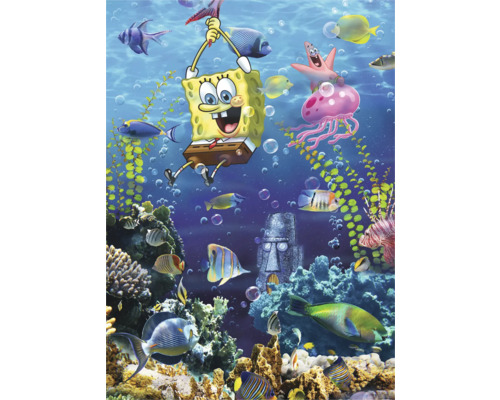 Illustration einer Unterwasserwelt mit Spongebob Schwammkopf, Patrick Star und verschiedenen Fischen